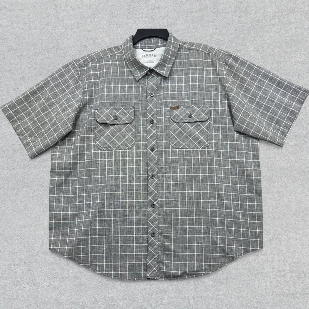 Orvis Shirt Mens 2XL Gray Grid Button Up Short Sleeve Fishing Hiking Outdoors